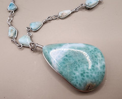 Massive Natural Larimar Teardrop Pendant Necklace Wire Wrapped Freeform Links