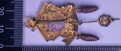 Vintage Cuckoo Clock Brooch Pin Gold Tone 45mm Wiesbaden Souvenir Dangle Enamel
