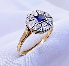 Vintage 18ct Yellow Gold Sapphire Diamond Ring Art Deco Octagonal Size 8