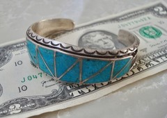 Heavy Inlay Channel Set TURQUOISE ZUNI Stamped STERLING Silver Overlay BRACELET