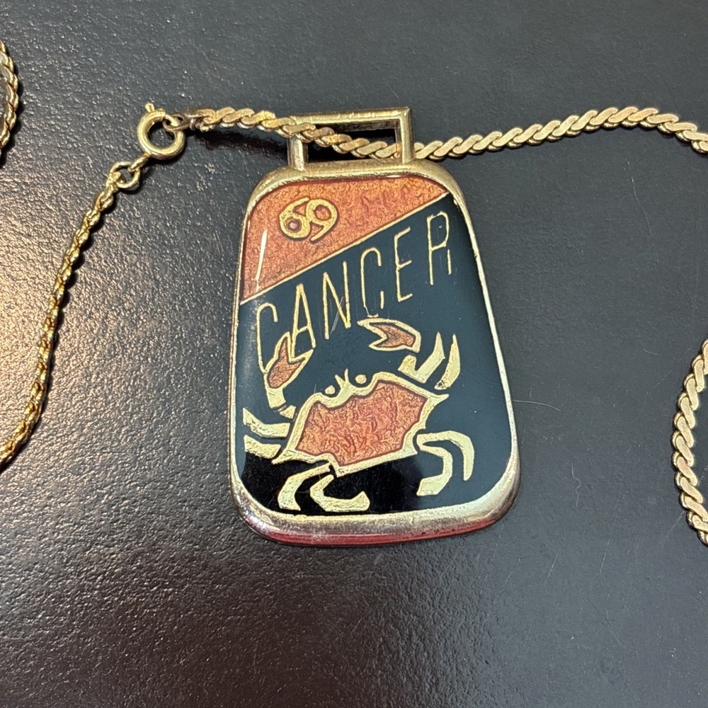 Vintage Cancer Zodiac Enamel Pendant Necklace Double Sided Astrology Crab 27”