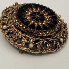Vintage Victorian Revival Brooch Lot of 2 Gold Black Enamel Tassel Filigree