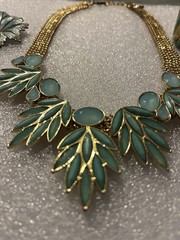 Vintage Teal Blue Green Mint Bib Necklace W/ Matching Cuff Bracelet And Brooch