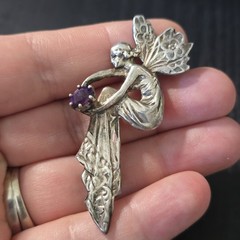 Vintage Sterling Silver 925 Fairy Or Angel with Amethyst Pin brooch