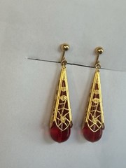 Avon Vintage Clip-On Red Lucite Drop Goldtone Filigree Dangly