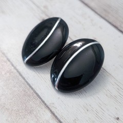 Vintage Stud Earrings For Pierced Ears Black & Silver Tone Statement Oval Retro