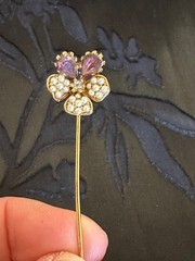 Victorian Style Gold Tone Faux Seed Pearl Purple Glass/Paste Pansy Stick Pin