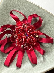 Large Red Beaded Layered Flower w Silk Ribbon Loops Brooch Pin – 3.75 inches in