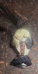 Beautiful Lady Head Brooch Porcelain looking skin black gold guild with feather