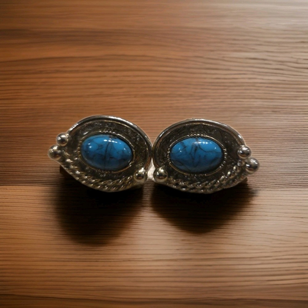 Vintage Southwestern Turquoise Cabochon & 925 Silver Beaded Pierced Earrings