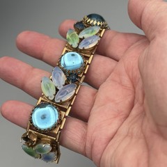 Vintage Bracelet Opaline Navette Glass Cabochon Rhinestone Gold Tone 6.5″ READ