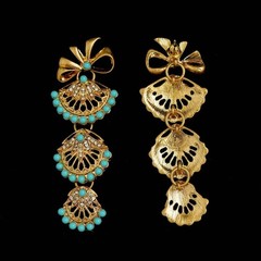 Vintage Turquoise Fan Earrings & Brooch Gold Statement Dangle Earrings Jewelry