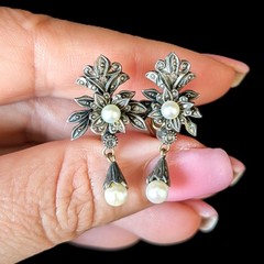 Victorian Portuguese 18K-19k Gold Silver Aljofar Natural Pearl Diamond Earrings
