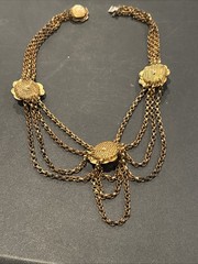 ANTIQUE VINTAGE FESTOON NECKLACE GOLDWASH BRASS FILIGREE ROSETTES DANGLES