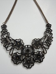 Vintage Style Bronze Filigree Floral Bib Necklace Statement Boho Cottagecore
