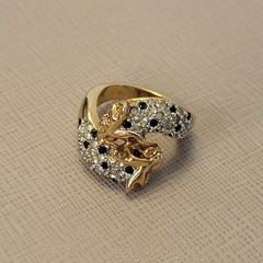 VTG Jackie Collins Two Tone Panther Link Necklace + Pave Rhinestone Ring 80s