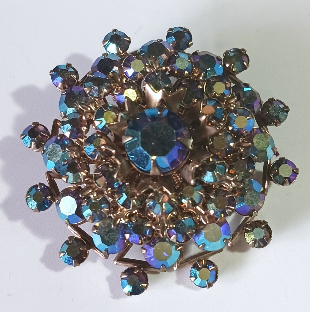 Vintage Layered Gold-tone Brooch w Purple-Blue Aurora Borealis Rhinestones