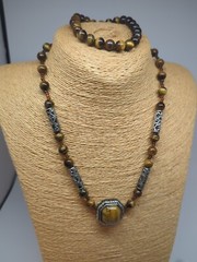 Tigers Eye Pendant Necklace 18″ Silver Tone Octagon Brown Gemston & Bracelet Set