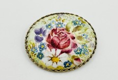 Vintage Floral Porcelain Brooch ~ Romantic Rose & Forget Me Not Oval Pin