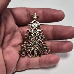 Vintage Signed TANCER II Red & Green Rhinestone Christmas Tree Pin / Brooch