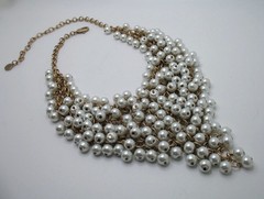 Vintage RJ Graziano statement bib necklace Goldtone chainmail and faux pearls