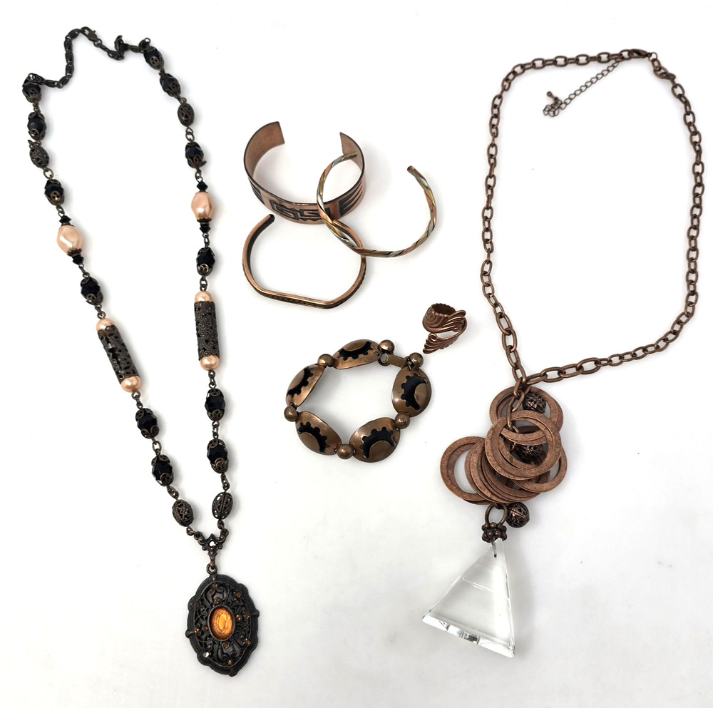 Vintage 7 Piece Copper Jewelry Lot, 2 Necklaces, 4 Bracelets 1 Ring MCM Copper