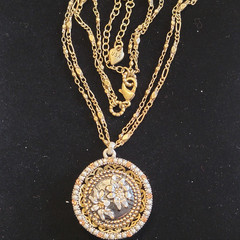 Sweet Romance Shelley Cooper 3D Domed Medallion Double Strand Necklace Brass 21″