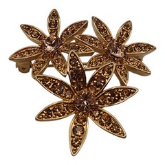 Liz Claiborne SIGNED LC Goldtone Flowers Rhinestone Brooch