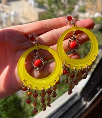Vintage Thailand Boho Lucite Hoop Chandelier Earrings & Orange Resin Bangle Set