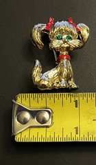 2 Vintage Sarah Coventry DOGS Brooch/Pin with Red HAIR BOWS and GREEN EYES
