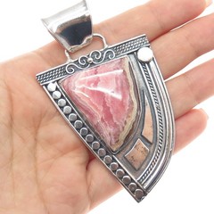 925 Sterling Silver Vintage Real Rhodochrosite Modernist Heavy 41.4g Pendant