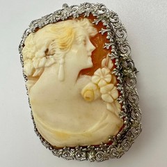 Antique Edwardian 1900s solid 14kt white gold carved shell cameo brooch pendant
