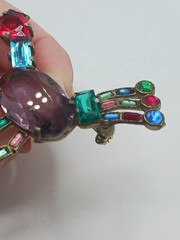 1940s Pot Metal Bird Brooch Rhinestone Figural fruit salad purple glass Vintage