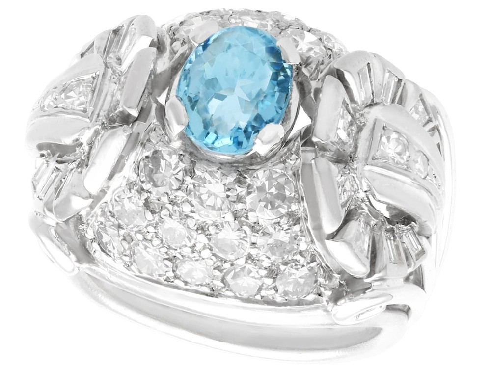 Vintage 0.95ct Aquamarine, 2.06ct Diamond and Palladium Dress Ring Size 5 3/8