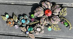 Large Floral and Butterfly Vibrant Multi-Colored Stone Brooch Pin Pendant