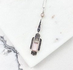 Vintage 925 Sterling Silver Pink Mother Of Pearl Marcasite Deco Pendant Necklace