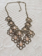 Gold Flower Faceted Light Pink Teardrop Accent Statement Bib Necklace
