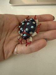 Trifari ‘Alfred Philippe’ Pave Navy Enamel/Turquoise Cabochons Ladybug Pin Clip
