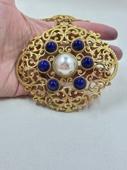 Lucien Piccard Gold Plated Filigree Pendant Faux Pearl and Lapis Lazuli Cabochon