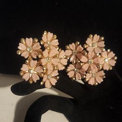Vintage Pink Floral Cluster Clip On Earrings Gold Tone Rhinestone Accent Retro