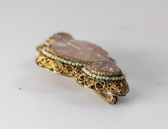 Antique Chinese Gilt Silver Filigree Brooch Pin with Rose Quartz Cabochons