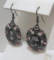 Vtg Large Grey Oval Rhinestone Gun Metal Pink Rhinestone Dangle Pierced Earrings