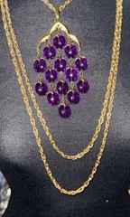 VTG. CROWN TRIFARI WATERFALL Pendant Necklace 3STRAND Purple LUCITE Cabochon 17”