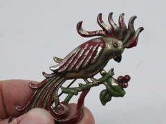 Vintage Metal Parrot Cockatoo Brooch 4-inch Red/Green