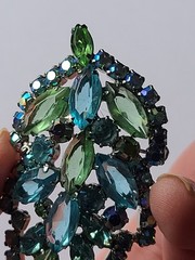 VTG MCM Aque Blue & Lime Green Rhinestone Leaf Brooch Pin (Some AB Finish)