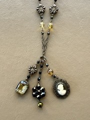 Vintage David Aubrey Necklace Cameo Crystal Rhinestone 30” Long + 2 1/4” Drop