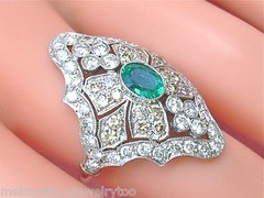 ESTATE ART DECO 2.25ctw DIAMOND & OVAL EMERALD PLATINUM STATEMENT COCKTAIL RING
