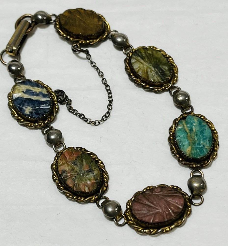 Vintage Sorrento 1/20 12k Gold-Filled Carved Stone Oval Link Bracelet Agate More