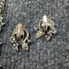 Vintage Silver Tone Necklace and Clip On Earrings White AB Iridescent Rhinestone