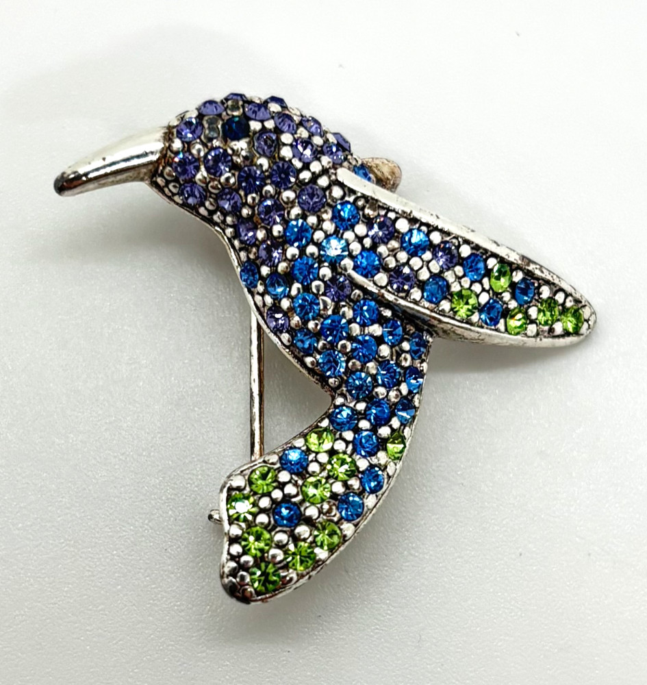 Vintage Monet Rhinestone Hummingbird Brooch Pin – Blue & Green – 1.25″L